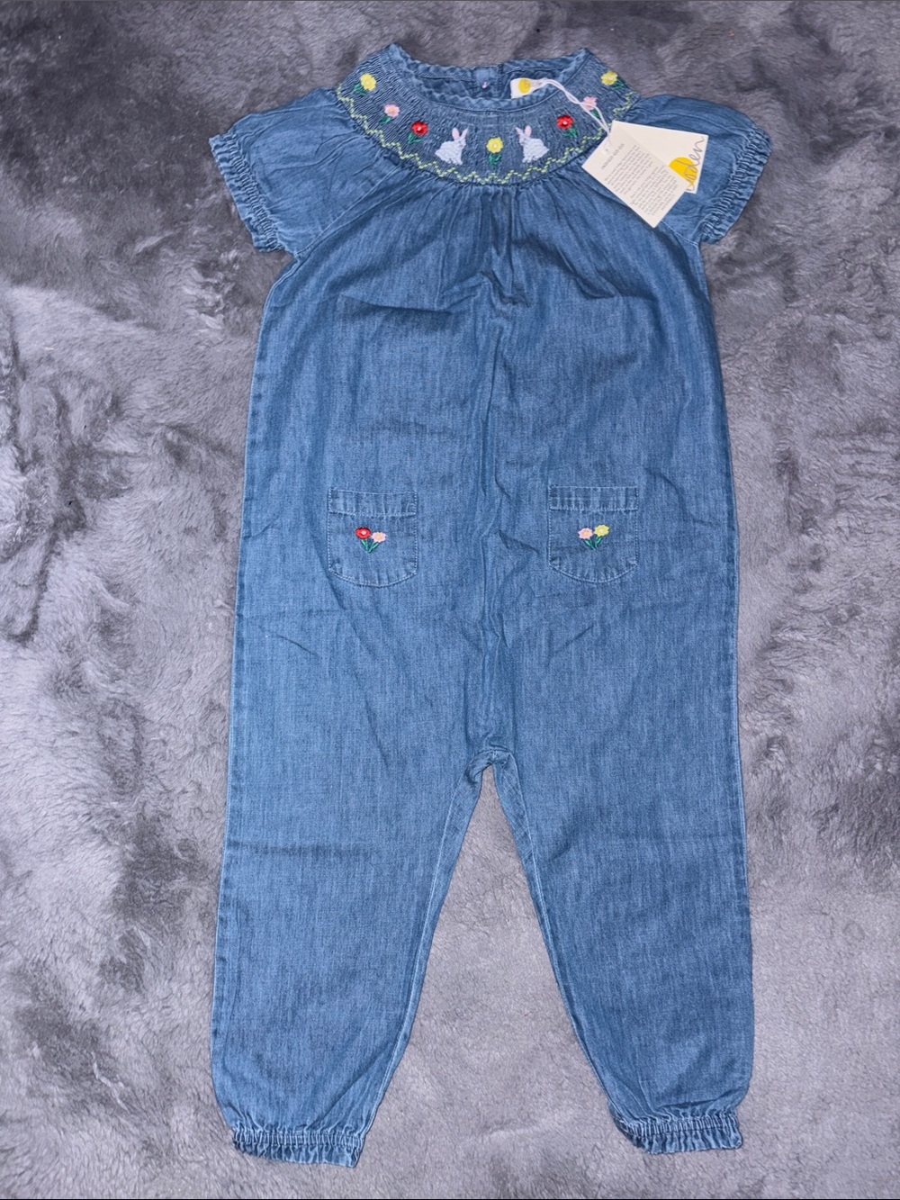 Boden Blue Denim Smocked Overalls with Spring Embroidery (Read Description)